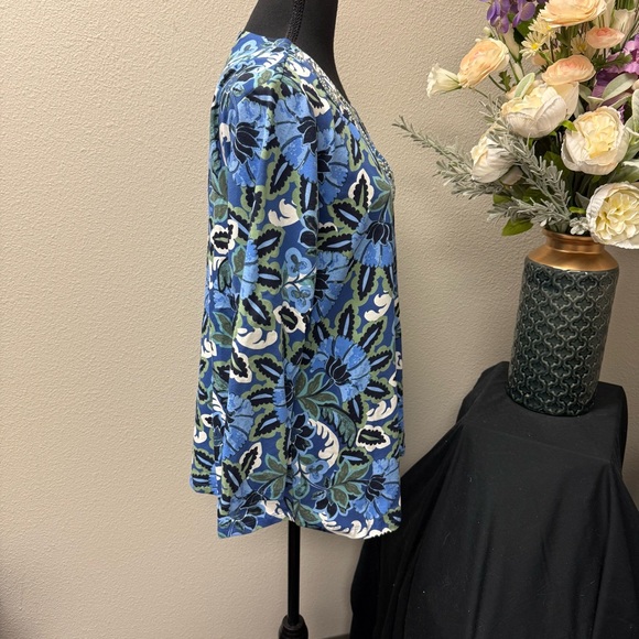 NWT Ruby Rd. Blue Floral Print Beaded Tunic Top L 3/4 Sleeve Cotton Blend Resort - Picture 5 of 11